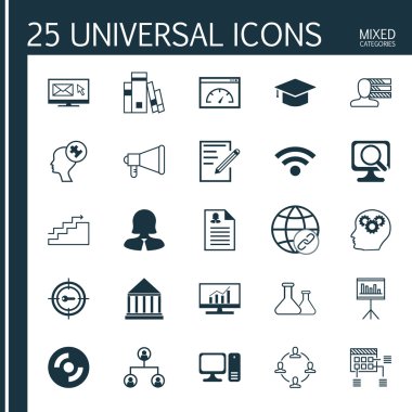 Set 25 Evrensel Simgeler İnsan Zihin, Kablosuz, İşbirliği Ve Daha Fazla Konu. Dizüstü Bilgisayar, Sunum, İnsan Aklı Ve Diğer Simgeler Dahil Vektör Simge Seti.