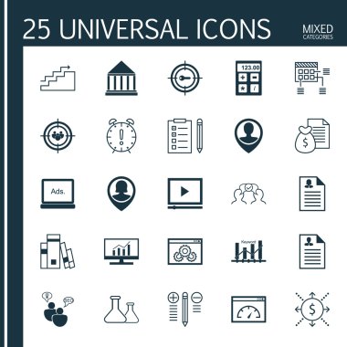 Programda 25 Evrensel Simge, Anahtar Kelime İyimserleştirme, Para ve Daha Fazla Konular. Dijital Ortam, Web Sitesi Performansı, Anahtar Kelimesi Pazarlama ve Diğer Simgeleri içeren Vektör Simgesi Seti.