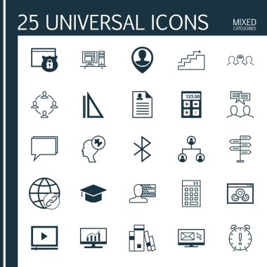 Pazar Araştırması, Bülten, Fırsat ve Daha Fazla Konu Üzerine 25 Evrensel Simge ler Kümesi. İnsan Aklı, Bülten, Büyüme Ve Diğer Simgeleri Içeren Vektör Simge Seti.