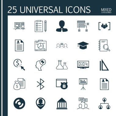 Kimyasal, mezuniyet, bilgisayar ve daha fazla konu 25 evrensel simgeler kümesi. Kadın uygulama, anket, hatırlatma ve diğer simgeler gibi vektör Icon Set.