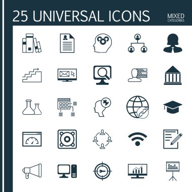 Kadın Uygulama, Kütüphane, Sunum ve Diğer Konular 25 Evrensel Simgeler Ayarlayın. Dizüstü Bilgisayar, Kağıt, Kadın Uygulaması ve Diğer Simgeler Dahil Vektör Simge Seti.