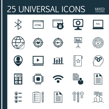 Set 25 Evrensel Simgeler İş Başvuru, Chip, Kodlama Ve Daha Fazla Konu. Özgeçmiş, Çip, Anahtar Kelime Optimizasyonu Ve Diğer Simgeleri Içeren Vektör Simge Seti.