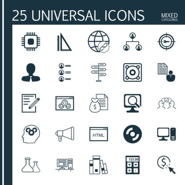 Kütüphane, Chip, Beyin Süreci Ve Daha Fazla Konu Üzerine 25 Evrensel Simgeler Ayarlayın. Bağlantı, Ppc, Kimyasal ve Diğer Simgeler dahil vektör simge seti.