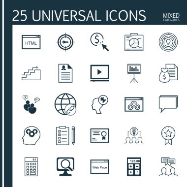 Set 25 Evrensel Simgeler İnsan Zihin, İşbirlikçi Çözüm, Kadın Uygulama Ve Daha Fazla Konu. Tartışma, Mevcut Rozet, Kadın Uygulaması ve Diğer Simgeler Dahil Vektör Simge Seti.