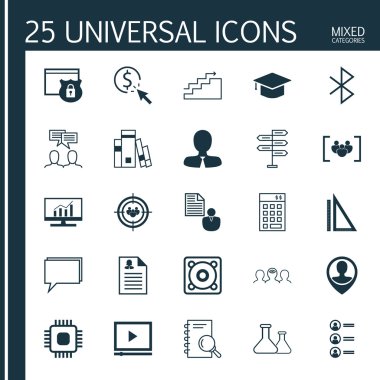 Tartışma, Pazar Araştırması, Ölçüm ve Diğer Konular Üzerine 25 Evrensel Simgeler Ayarlayın. Kitaplık, Soru Formu, Tartışma ve Diğer Simgeleri Içeren Vektör Simge Seti.