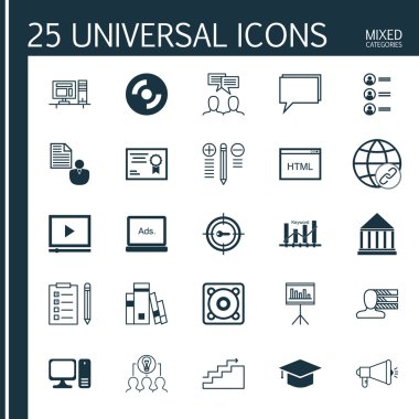 Sunum, Rapor, Boş Cd Ve Diğer Konular Üzerine 25 Evrensel Simgeler Ayarlayın. İş Başvuru, Kodlama, Dijital Medya ve Diğer Simgeleri Içeren Vektör Simge Seti.