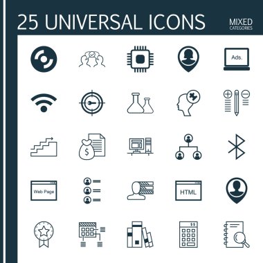 Bluetooth Sembolü, Yatırım, Kişisel Beceriler Ve Daha Fazla Konu Üzerine 25 Evrensel Simgeler Ayarlayın. Ağaç Yapısı, Pin Çalışan, Analiz Ve Diğer Simgeler Dahil Vektör Simge Seti.