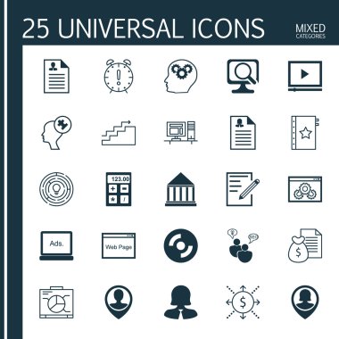 Set 25 Evrensel Simgeler Müfredat Vitae, Para, Rapor Ve Diğer Konular. Pin Çalışan, Kağıt, Web Sitesi ve Diğer Simgeler dahil Vektör Simge Seti.