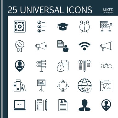 Set Of 25 Universal Icons On Music, Media Campaign, Library And More Topics. Vector Icon Set Including Decision Making, Report, Present Badge And Other Icons.
