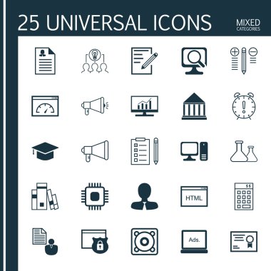 Set 25 Evrensel Simgeler Bilgisayar, Kadın Uygulama, Laptop Ve Daha Fazla Konu. Yükleme Hızı, Eğitim Merkezi, Kütüphane ve Diğer Simgeleri Içeren Vektör Simge Seti.