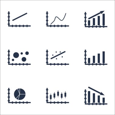 Grafikler, diyagramlar ve istatistik simgeler kümesi. Premium Kalite simgesi derleme. Simgeler, Web, uygulama ve kullanıcı arabirimi tasarımı için kullanılabilir. Vektör çizim, Eps10.