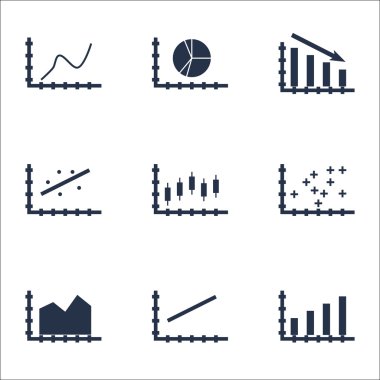 Grafikler, diyagramlar ve istatistik simgeler kümesi. Premium Kalite simgesi derleme. Simgeler, Web, uygulama ve kullanıcı arabirimi tasarımı için kullanılabilir. Vektör çizim, Eps10.