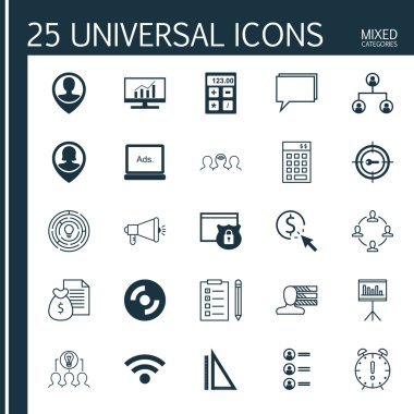 Pazar Araştırması, Hatırlatma, Kablosuz Ve Daha Fazla Konu Üzerine 25 Evrensel Simge seti. İşbirliğiNe Dayalı Çözüm, Ölçüm, Anahtar Kelime Pazarlaması Ve Diğer Simgeleri Içeren Vektör Simge Seti.