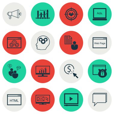 Set Seo, Pazarlama Ve Reklam Simgeleri Odak Grubu, Konferans, Ppc Ve Daha Fazlası. Medya Kampanyası, Web Sitesi Performansı, Beyin Süreci ve Diğer Vektör Simgeleri içerir.