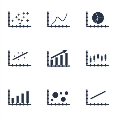 Grafikler, diyagramlar ve istatistik simgeler kümesi. Premium Kalite simgesi derleme. Simgeler, Web, uygulama ve kullanıcı arabirimi tasarımı için kullanılabilir. Vektör çizim, Eps10.