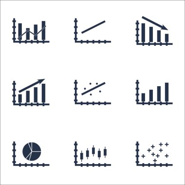 Grafikler, diyagramlar ve istatistik simgeler kümesi. Premium Kalite simgesi derleme. Simgeler, Web, uygulama ve kullanıcı arabirimi tasarımı için kullanılabilir. Vektör çizim, Eps10.