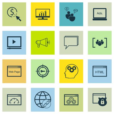 SEO, Pazarlama ve Reklam Simgeleri Anket, PPC, Konferans ve daha fazlası. Beyin Süreci, PPC, Kodlama ve Diğer Vektör Simgelerini İçerir.
