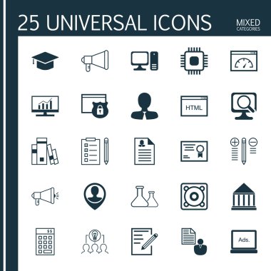 Kağıt, kimyasal, çip ve daha fazla konu üzerine 25 evrensel ikon seti. Güvenlik, Kimyasal, Anımsatıcı ve Diğer Simgeleri içeren Vektör Simgesi Seti.
