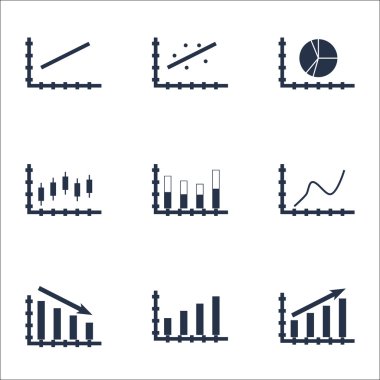 Grafikler, diyagramlar ve istatistik simgeler kümesi. Premium Kalite simgesi derleme. Simgeler, Web, uygulama ve kullanıcı arabirimi tasarımı için kullanılabilir. Vektör çizim, Eps10.