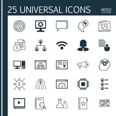 Set 25 Evrensel Simgeler Chip, İş Kadını, İnsan Aklı Ve Daha Fazla Konu. Para, Kimyasal, Analiz ve Diğer Simgeler Dahil Vektör Simge Seti.