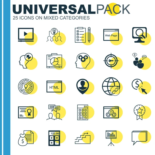 Conjunto de 25 iconos universales en reproductor de video, comercialización de palabras clave, conectividad y más temas. Conjunto de iconos vectoriales que incluye recordatorio, financiero, computadora portátil y otros iconos . — Archivo Imágenes Vectoriales