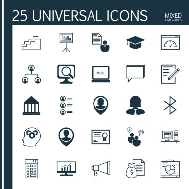 Set 25 Evrensel Simgeler Dijital Medya, Seo Brainstorm, Pin Çalışan Ve Daha Fazla Konu. Duyuru, Çalışan Konumu, Yönetim Kurulu ve Diğer Simgeler Dahil Vektör Simge Seti.