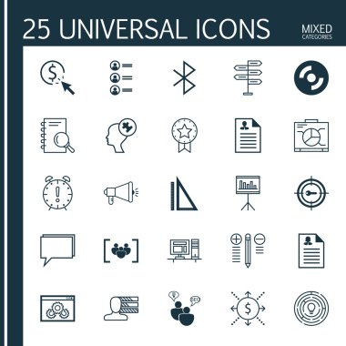 Kadın Uygulama, Zaman Yönetimi, Ölçüm Ve Daha Fazla Konu Üzerine 25 Evrensel Simgeler Kümesi. Web Sitesi Performansı, Konferans, Medya Kampanyası ve Diğer Simgeler Dahil Vektör Simge Seti.