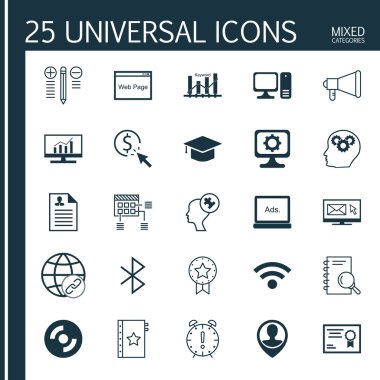Set 25 Evrensel Simgeler Pazar Araştırması, Sertifika, Ppc Ve Diğer Konular. Boş Cd, Mezuniyet, Program ve Diğer Simgeleri Içeren Vektör Simge Seti.