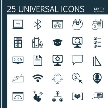 Anket, İş Başvuru, Laptop Ve Daha Fazla Konu Üzerine 25 Evrensel Simgeler Ayarlayın. Pc, Yükleme Hızı, Finansal Ve Diğer Simgeler Dahil Vektör Simge Seti.