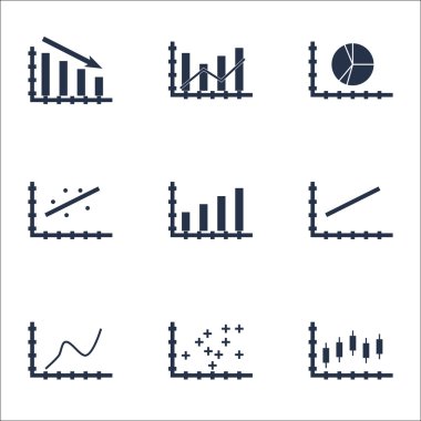 Grafikler, diyagramlar ve istatistik simgeler kümesi. Premium Kalite simgesi derleme. Simgeler, Web, uygulama ve kullanıcı arabirimi tasarımı için kullanılabilir. Vektör çizim, Eps10.