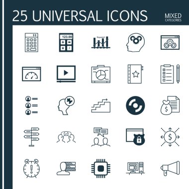 Güvenlik, Fırsat, Yemek ve daha fazla konu hakkında 25 evrensel ikon seti. Finansal, Bilgisayar, Anımsatıcı ve Diğer Simgeleri içeren Vektör Simgesi.