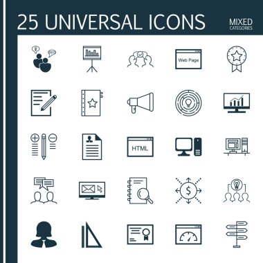 Ölçüm, Bilgisayar, Mevcut Rozet ve Diğer Konular Üzerine 25 Evrensel Simgeler Ayarlayın. İş Kadını, Mevcut Rozet, Sunum ve Diğer Simgeler Dahil Vektör Simge Seti.