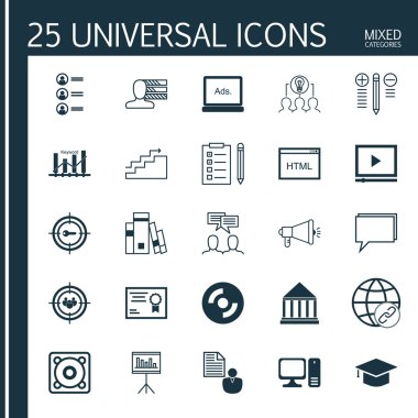 Rapor Üzerine 25 Evrensel Simge, Dijital Medya, Anahtar Kelime İyimserleştirme ve Daha Fazla Konu. Odak Grubu, Müzik, Bilgisayar ve Diğer Simgeleri içeren Vektör Simgesi Seti.