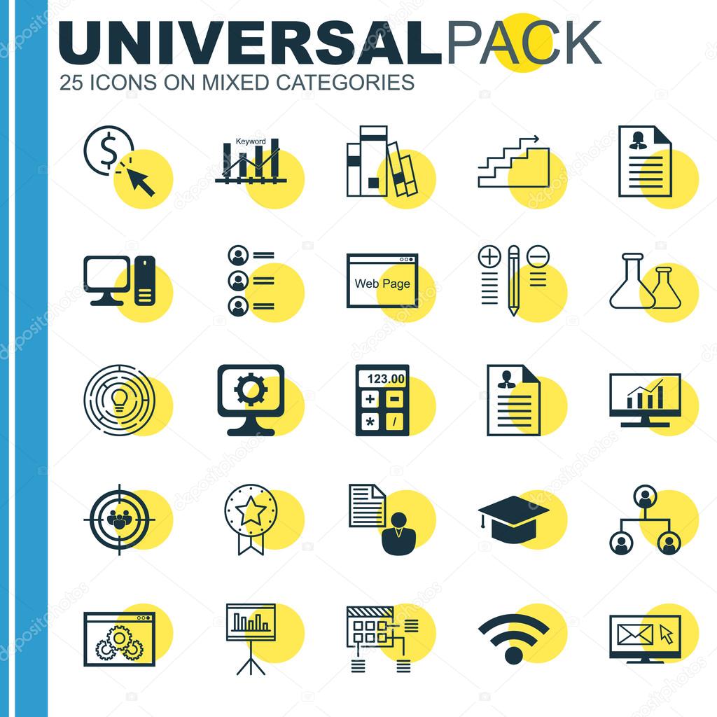 Set Of 25 Universal Icons On Wireless, Curriculum Vitae, Growth And More Topics. Vector Icon Set Including Schedule, Market Research, Tree Structure And Other Icons.