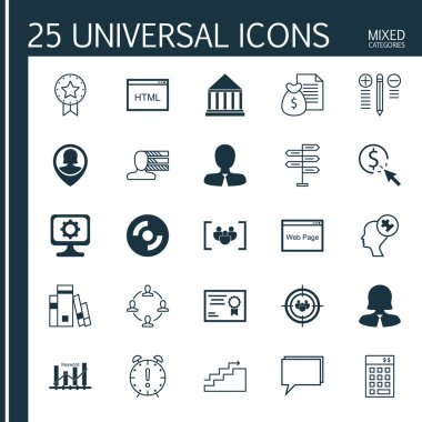 Anket, Zaman Yönetimi, İş Kadını Ve Diğer Konular Üzerine 25 Evrensel Simge ler Kümesi. Mevcut Rozet, Odak Grubu, Boş Cd ve Diğer Simgeleri Içeren Vektör Simge Seti.