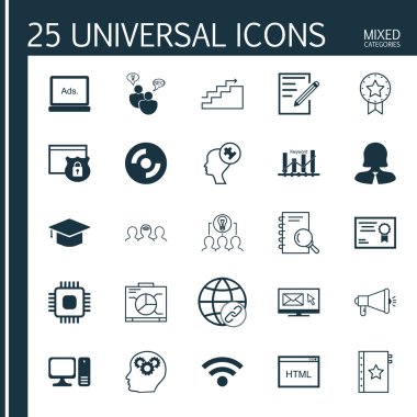 Garanti, İnsan Aklı, Dijital Medya Ve Daha Fazla Konu Üzerine 25 Evrensel Simgeler Ayarlayın. Karton, Dijital Medya, Chip Ve Diğer Simgeler Dahil Vektör Simge Seti.