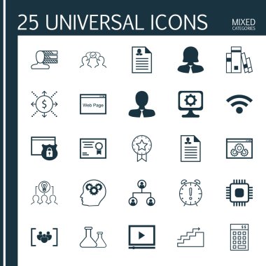 Kişisel Yetenekler Üzerine 25 Evrensel Simge, Beyin Süreci, Video Oynatıcı ve Daha Fazla Konular. Beyin Süreci, Yatırım, Para ve Diğer Simgeleri içeren Vektör Simgesi Ayarları.
