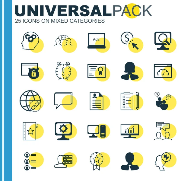 Set von 25 Universal Icons über SEO Brainstorming, Manager, Sicherheit und weitere Themen. Vector Icon Set mit Kooperation, weiblicher Anwendung, Garantie und anderen Symbolen. — Stockvektor