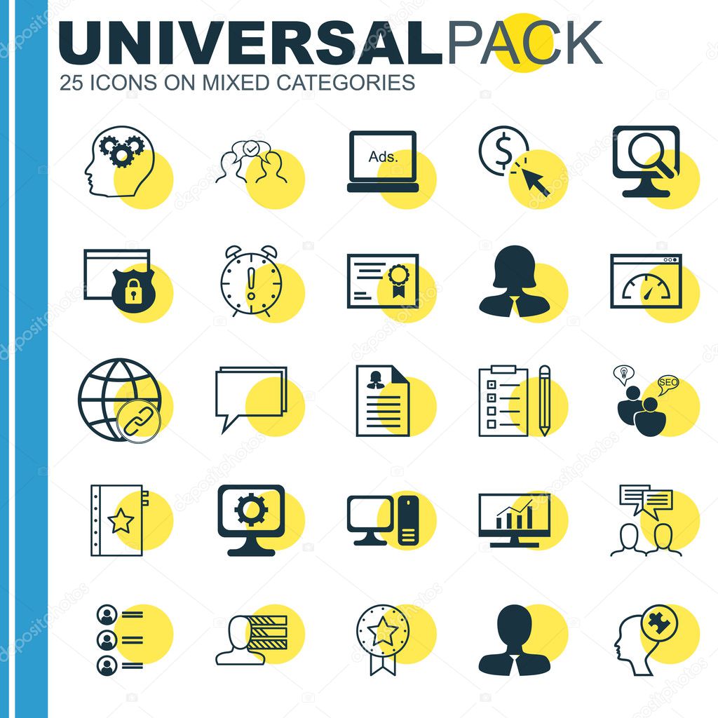 Set Of 25 Universal Icons On SEO Brainstorm, Manager, Security And More Topics. Vector Icon Set Including Cooperation, Female Application, Warranty And Other Icons.