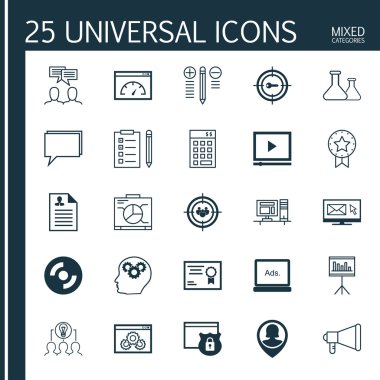 Hatırlatma, Mevcut Rozet, Yatırım Ve Daha Fazla Konu Üzerine 25 Evrensel Simgeler Ayarlayın. Bilgisayar Dahil Vektör Simge Seti, Anahtar Kelime Pazarlama, Odak Grubu Ve Diğer Simgeler.