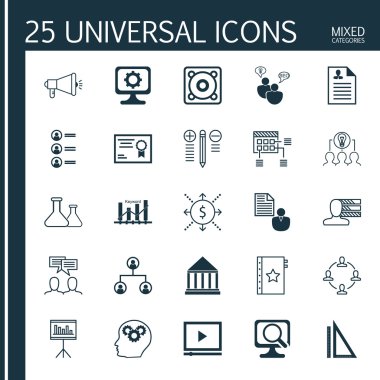 25 Evrensel Simge Raporu, Müzik, Ortak Çözüm ve Daha Fazla Konu. İşbirlikçi Çözüm, Karar Verme, Ölçüm ve Diğer Simgeleri içeren Vektör Simgesi Kümesi.