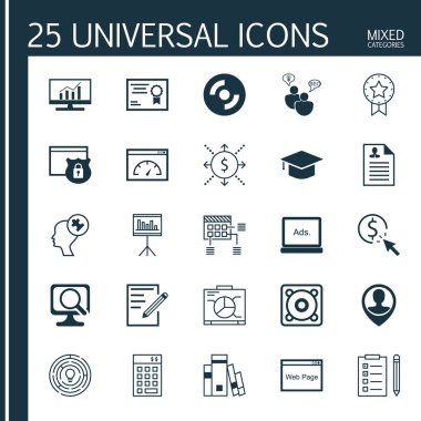 Kağıt, dizüstü bilgisayar, müzik ve daha fazla konudan oluşan 25 evrensel simge seti. Vektör Simgesi Kümesi Kütüphane, Çalışanların Konumu, İnsan Zihni ve Diğer Simgeler.