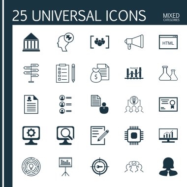 Sertifika, Chip, İşbirlikçi Çözüm Ve Daha Fazla Konu Üzerine 25 Evrensel Simge ler Ayarlayın. Duyuru, Kağıt, Anahtar Kelime Optimizasyonu Ve Diğer Simgeleri Içeren Vektör Simge Seti.