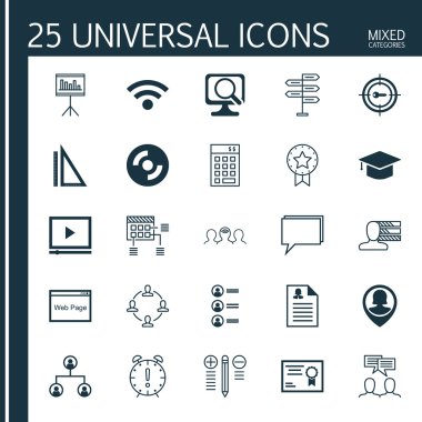 Pin Çalışan, Web Sitesi, Video Oynatıcı Ve Daha Fazla Konu Üzerinde 25 Evrensel Simgeler Ayarlayın. Sunum, Yatırım, Kadın Uygulaması ve Diğer Simgeleri Içeren Vektör Simge Seti.