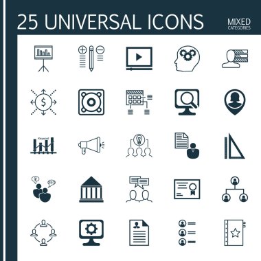 Bilgisayarda 25 Evrensel Simge, Video Oynatıcı, İşbirliği ve Daha Fazla Konu. Karar Alma, Eğitim Merkezi, Anahtar Kelime İyimserleştirmesi ve Diğer Simgeleri içeren Vektör Simgesi Seti.