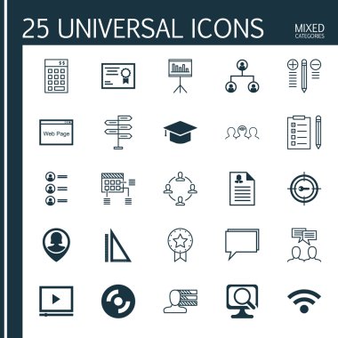 Konferans, Kadın Uygulama, Karar Verme Ve Daha Fazla Konu Üzerine 25 Evrensel Simgeler Set. Çizelge, Boş Cd, Karar Verme Ve Diğer Simgeleri Içeren Vektör Simge Seti.