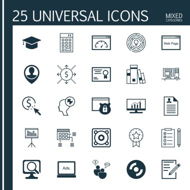 Programda 25 Evrensel Simge, Hatırlatma, Mevcut Rozet ve Daha Fazla Konular. İnovasyon, Mevcut Rozet, Para ve Diğer Simgeleri içeren Vektör Simgesi Ayarları.