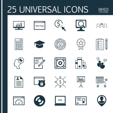 Set 25 Evrensel Simgeler İnsan Zihin, Web Sitesi, Pazar Araştırması Ve Daha Fazla Konu. İnsan Aklı, Kağıt, Para Ve Diğer Simgeler Dahil Vektör Simge Seti.