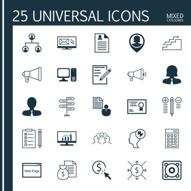 Bilgisayar, Kağıt, Web Sitesi Ve Daha Fazla Konu Üzerine 25 Evrensel Simgeler Ayarlayın. Pin Çalışan, Rapor, Ppc ve Diğer Simgeler Dahil Vektör Simge Seti.