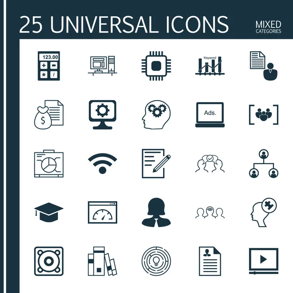 Állítsa be a 25 univerzális ikonok A jelentés, Betöltési sebesség, Graduation és több téma. Vector ikon készlet, beleértve az innováció, Chip, Pc és egyéb ikonok. — Stock Vector